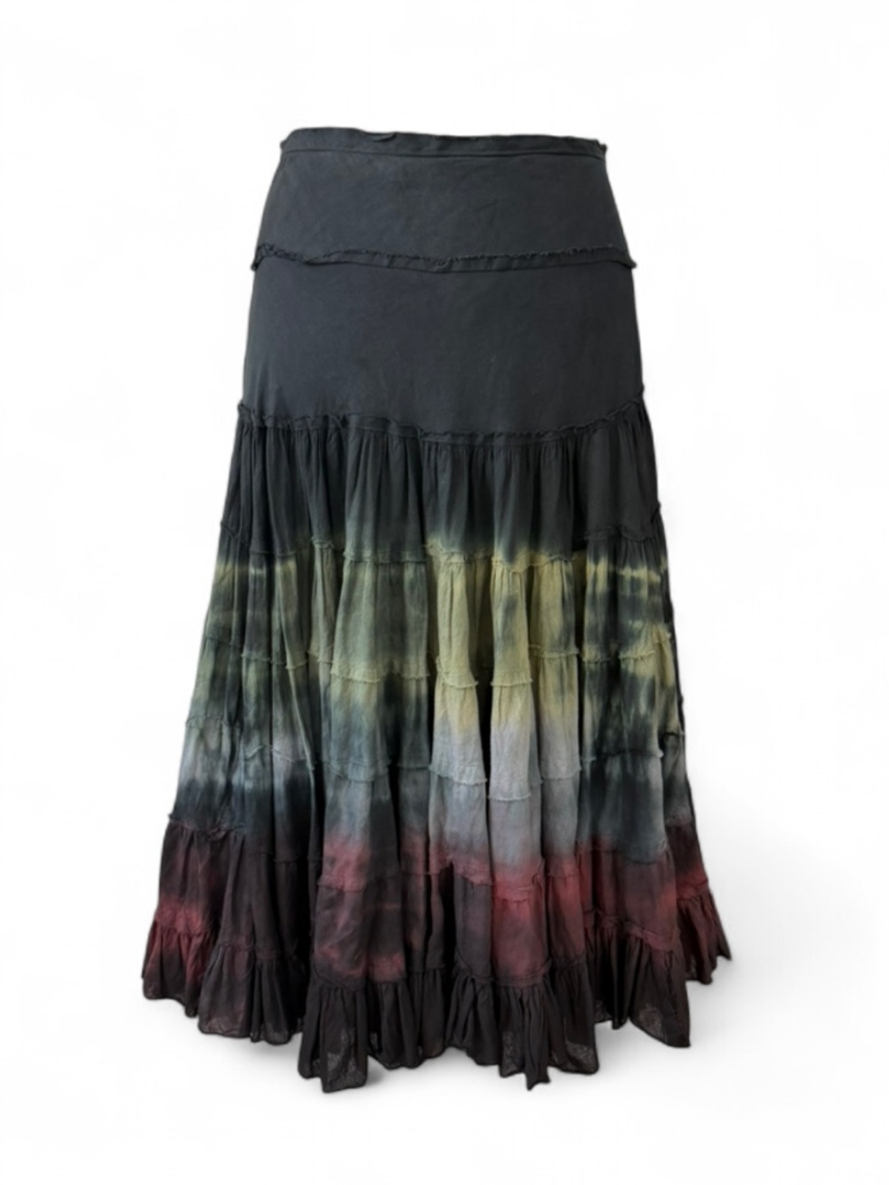 Extra Full Dark Tie Dye Tiered Cotton Boho Midi Skirt Low Rise